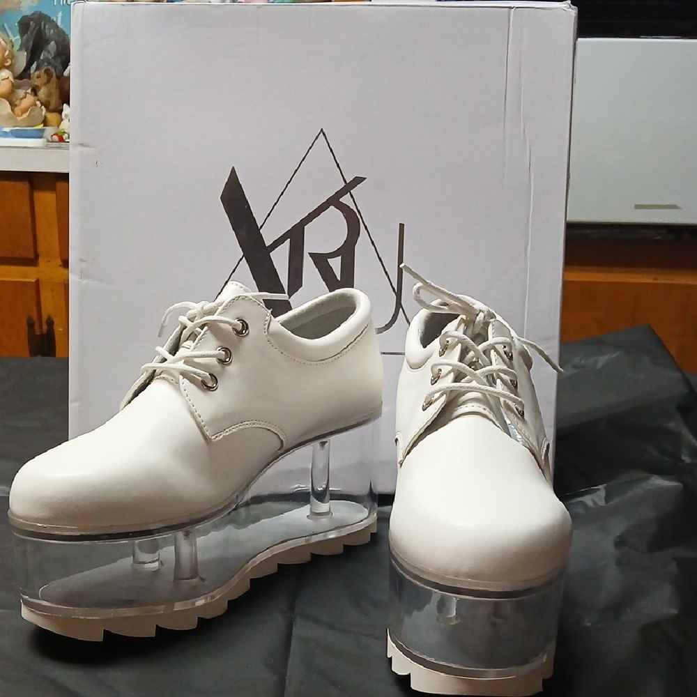 YRU Qloud 2091 White Lace-Up Platform Shoes w Clear Fillable Soles Sz 7 SOLD OUT
